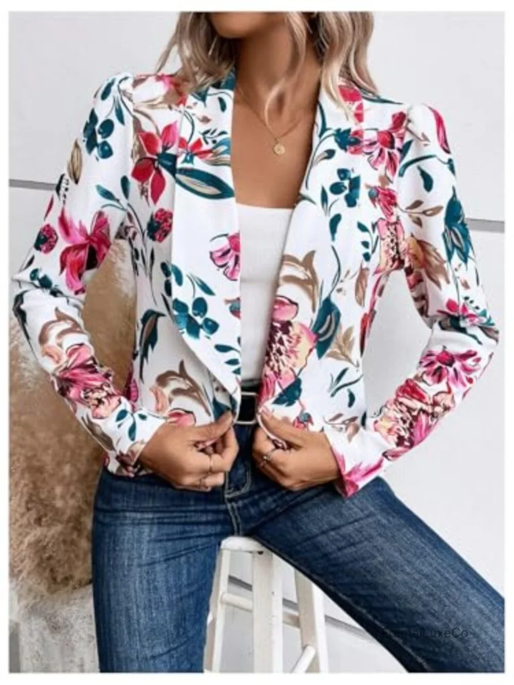 Floral Print Open Front Blazer Long Sleeve Shawl Collar Lightweight Jacket